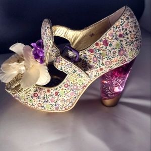Irregular Choice Beige and Floral Print Mary Jane Lucite Purplish Heels
